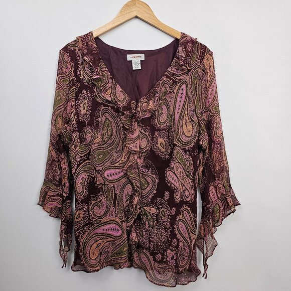 Vintage Y2K Avenue Silk Top Sheer Ruffles Flared Sleeves Jewel Tone Fairy Whimsy - Picture 11 of 11